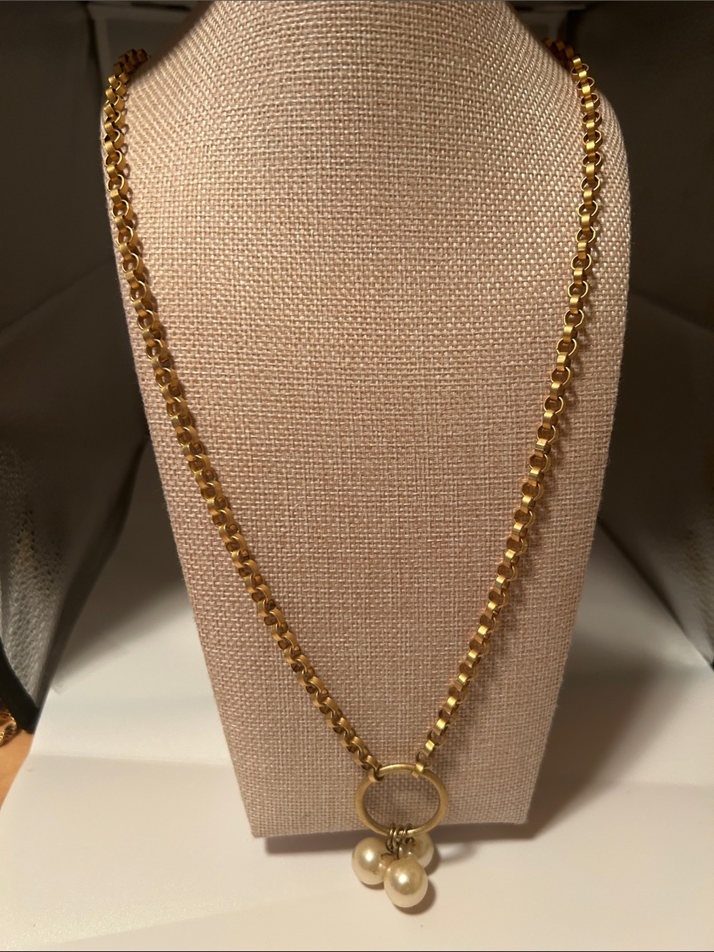 Statement box link necklace cream pearls mate gold tone vintage boho style